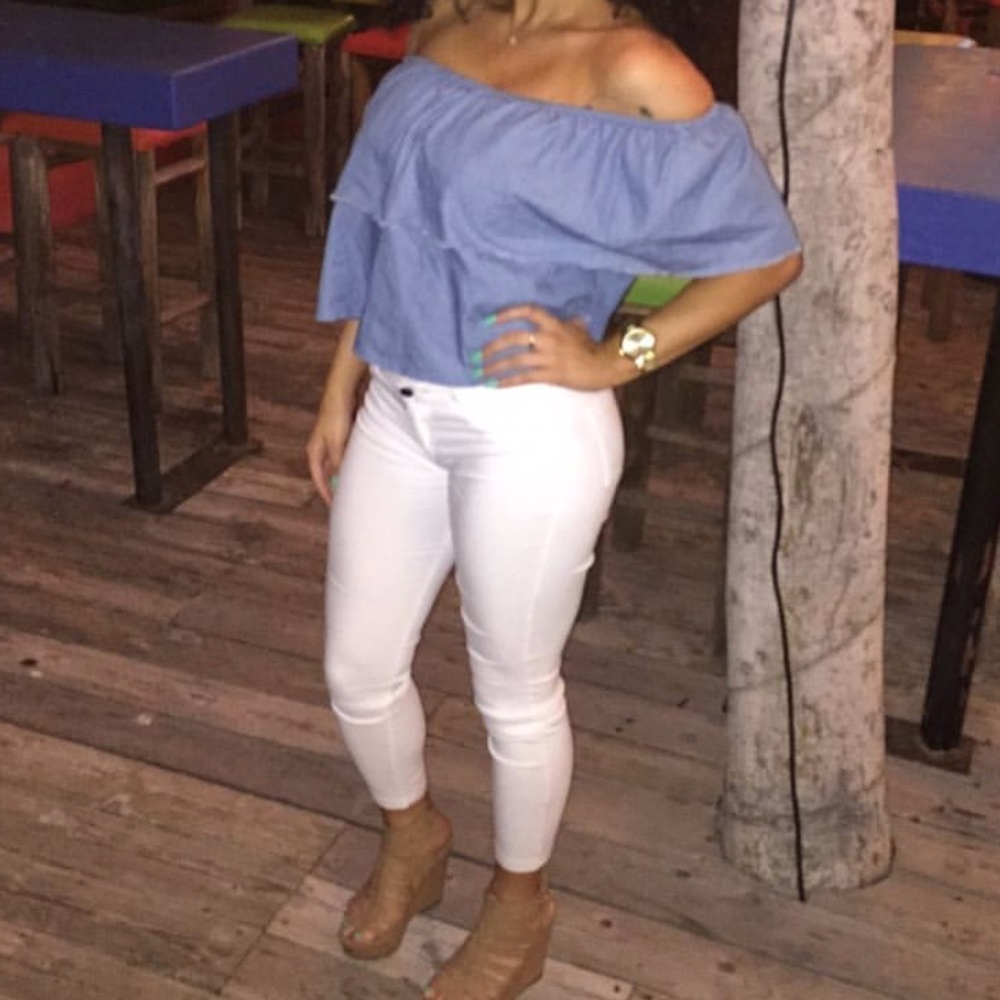 Denim shoulder cut top